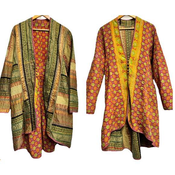 Silk Sari and Kantha Jacket High Low Hem Reversible Global Boho Patchwork Large - Picture 1 of 9
